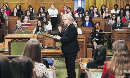  ?? — THE CANADIAN PRESS ?? Kim Campbell, 19th prime minister of Canada, told aspiring female politician­s at the Daughters of the Vote event Wednesday in Parliament, that more of them will be there as MPs.