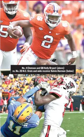  ??  ?? No. 4 Clemson and QB Kelly Bryant ( above) vs. No. 20 N. C. State and wide receiver Kelvin Harmon ( below)