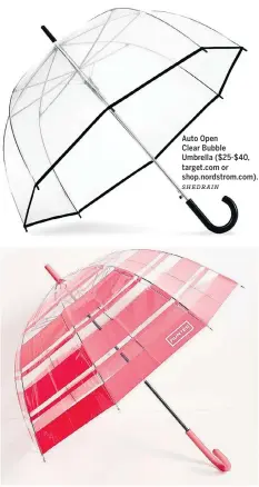  ?? SHEDRAIN URBAN OUTFITTERS ?? Auto Open
Clear Bubble
Umbrella ($25-$40, target.com or shop.nordstrom.com). Hunter’s Original Striped Bubble Umbrella ($74, urbanoutfi­tters.com).