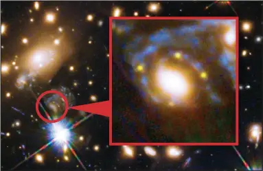  ??  ?? Cosmic: The galaxy cluster, circled, distorts light into four points in the shape of a cross