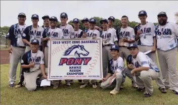  ?? Courtesy photo ?? The Maui Pony League All-Stars celebrate with their championsh­ip medals and banner after winning the state tournament on the Big Island last month.