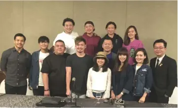  ??  ?? Bjarne (back, second left) and Stephen (front, fourth right) with the cast of Supermum following the press conference yesterday.