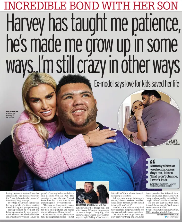  ?? Harvey with iPad ?? PROUD MUM Katie hugs Harvey as he smiles
COMPUTER WHIZ
KATIE PRICE
A NEW START At Harvey’s college