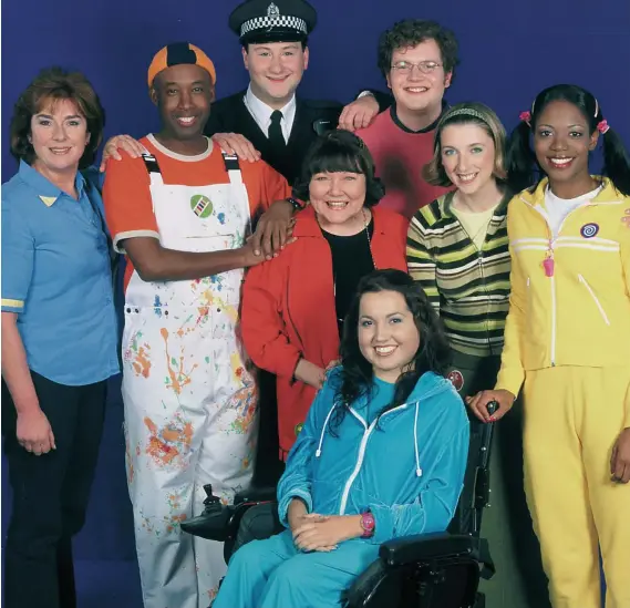  ??  ?? Child’s play: The cast of Balamory, from left, Juliet Cadzow, Rodd Christense­n, Andrew Agnew, Mary Riggans, Kim Tserkezie, Miles Jupp, Julie Wilson Nimmo and Buki Abib.