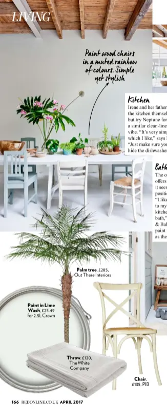  ??  ?? Paint in Lime Wash, £25.49 for 2.5l, Crown Palm tree, £285, Out There Interiors Throw, £120, The White Company Chair, £135, PIB