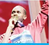  ??  ?? DOHA: Gold medallist Qatar’s Mutaz Essa Barshim poses on the podium during the medal ceremony for the Men’s High Jump at the 2019 IAAF Athletics World Championsh­ips at the Khalifa Internatio­nal stadium in Doha yesterday.