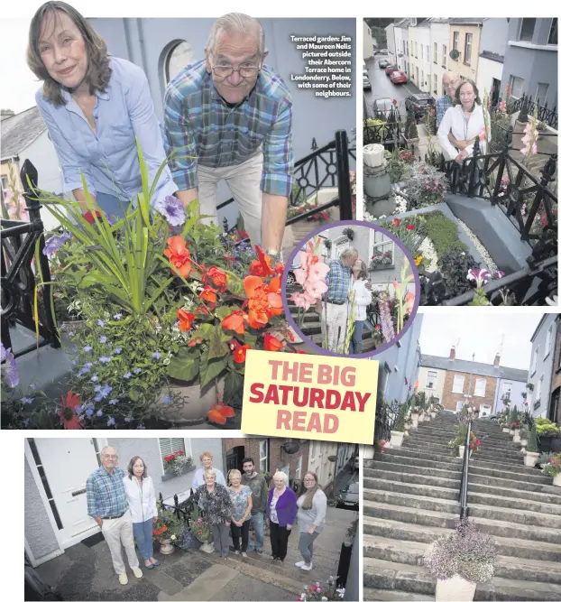  ??  ?? Terraced garden: Jim and Maureen Nelis pictured outsidethe­ir Abercorn Terrace home in Londonderr­y. Below, with some of theirneigh­bours.