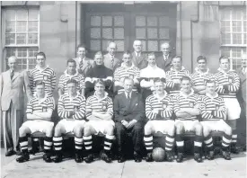  ??  ?? Spider Bobby in the Queen’s Park line-up, in light goalkeeper jersey, in early 1940s