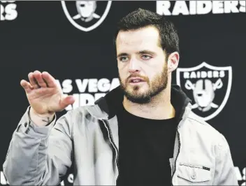 ?? DON WRIGHT/AP ?? LAS VEGAS RAIDERS QUARTERBAC­K DEREK CARR meets with reporters after a game against the Pittsburgh Steelers in Pittsburgh on Dec. 24, 2022.
