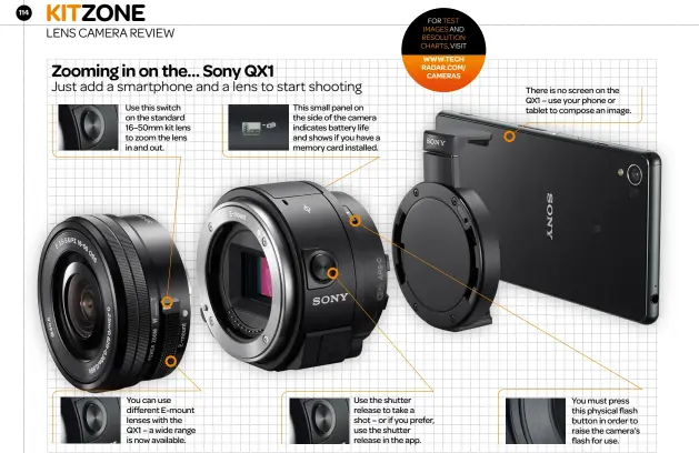  ??  ?? Use this switch on the standard 16–50mm kit lens to zoom the lens in and out. You can use different E-mount lenses with the QX1 – a wide range is now available. This small panel on the side of the camera indicates battery life and shows if you have a...