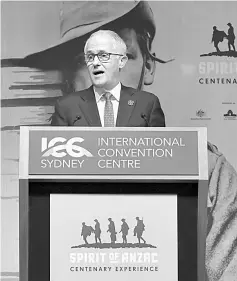  ?? Reuters photo ?? Turnbull speaks at the launch of the Spirit of Anzac Centenary official launch in Sydney, Australia in this file photo