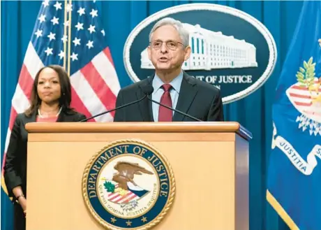  ?? MANUEL BALCE CENETA/AP ?? Attorney General Merrick Garland, accompanie­d by Assistant Attorney General Kristen Clarke, said Thursday that “Breonna Taylor should be alive today.”