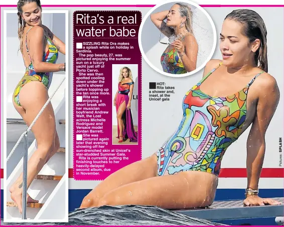  ??  ?? ■HOT: Rita takes a shower and, inset, at the Unicef gala