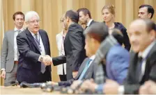  ??  ?? UN envoy to Yemen Martin Griffiths welcomes Yemeni delegates to talks. — Reuters