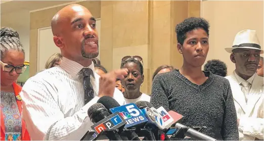  ?? FRAN SPIELMAN/SUN-TIMES ?? Jonathon Projansky of Black Lives Matter Chicago speaks at a City Hall news conference outside Mayor Rahm Emanuel’s office on Tuesday.