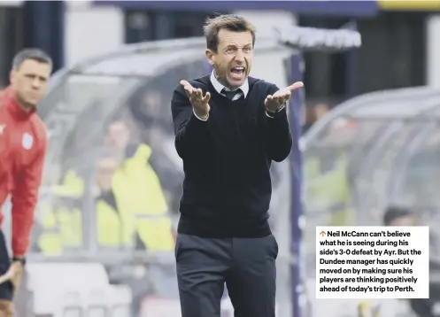  ??  ?? Neil Mccann can’t believe what he is seeing during his side’s 3-0 defeat by Ayr. But the Dundee manager has quickly moved on by making sure his players are thinking positively ahead of today’s trip to Perth.