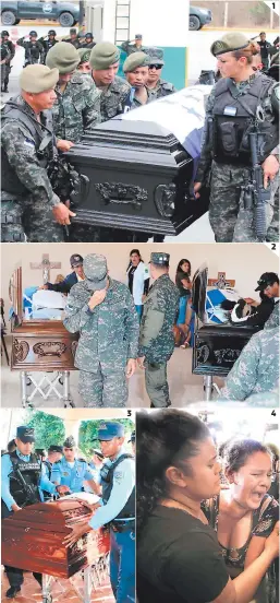  ?? FOTOS: EL HERALDO ?? (1) Agentes de la Policía Militar cargan el cuerpo de uno de los fallecidos en El Progreso. (2) Compañeros se mostraron dolidos por la muerte de los agentes. (3) En SPS los elementos de la Policía fallecidos fueron homenajead­os. (4) Familiares lloraron a sus seres queridos.