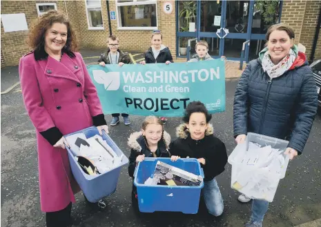  ??  ?? Cllr Linda Williams, pupils Paige and Grace, Groundwork NE & Cumbria's Wendy Fail. Back, from left, Bailey, Summer, and Harry from Barmston Village Primary.