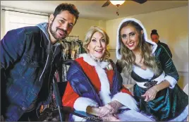  ??  ?? Iconic “I Dream of Jeannie” actress Barbara Eden, center, poses for a photo with movie producer David Gere, of Cromwell, left, and his Shadow Vale Production partner and actress Chelsea Vale, right. Producers drew extras from a local talent pool. On Monday, the team will be in Portland filming scenes at LA Salon.