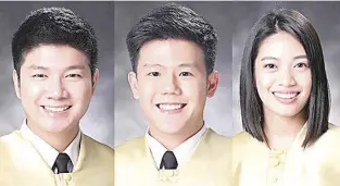  ??  ?? New doctors Topnotcher Federico A. Peralta IV, 90.92 percent; no. 5, Eugene richard T. yap, 89.50 percent; and no. 9, Patricia Monique l. Torres, 89.08 percent.