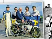  ??  ?? Above: Wayne’s bike carried number 7 during his first full-time 500cc season of 1985. Here it’s being tried for size by John Surtees, with noted racer/writer Alan Cathcart and the Rothmans Honda crew.