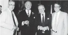  ??  ?? Ted Hughes with Garde Gardom, a Social Credit cabinet minister and later B.C.’s lieutenant governor, Dick Vogel and Frank Rhodes in the early 1980s.