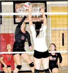  ?? RICK PECK/MCDONALD COUNTY PRESS ?? McDonald County’s Karla Barreda goes for a spike during the Lady Mustangs’ 25-10, 25-16 loss to Neosho on Sept. 11 at MCHS.
