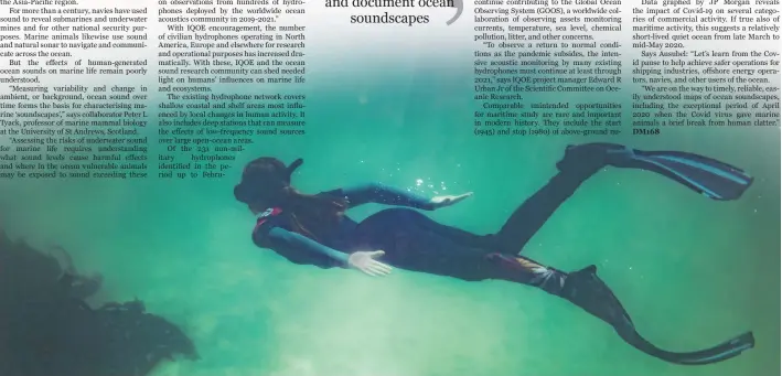  ?? Photo: Nic Bothma/EPA-EFE ?? A free diver approaches a kelp forest in False Bay, Cape Town. Covid-19 has led to human noise in the ocean subsiding, giving a unique opportunit­y to study the effects of human sound on ocean life.