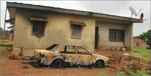  ??  ?? A torched house and vehicle during the recent Ilofa Odo-Owa communal clashes in Oke-Ero Local Government Area of Kwara State