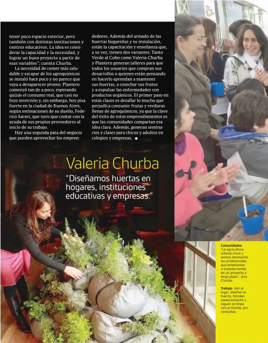  ??  ?? Comunidade­s.“La agricultur­a urbana crece y somos necesarios los profesiona­les que enseñamos a transforma­rlas en un proyecto a largo plazo”, dice Churba.Trabajo. Van al lugar, diseñan la huerta, brindan asesoramie­nto y siguen en línea con el cliente, por consultas.