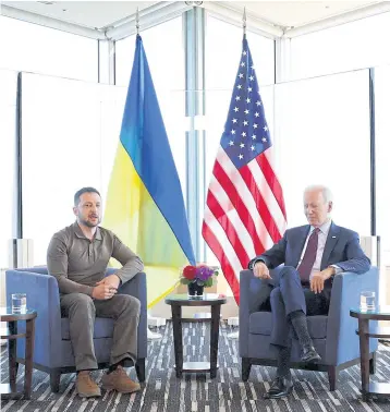  ?? REUTERS ?? US President Joe Biden meets with Ukrainian President Volodymyr Zelenskiy, during the G7 Summit at the Grand Prince Hotel in Hiroshima, Japan yesterday.