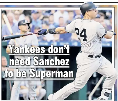  ?? AP ?? SAN’ BLASTER: Gary Sanchez watches his three-run home run during the third inning of the Yankees’ 7-1 victory over the Royals on Tuesday night.