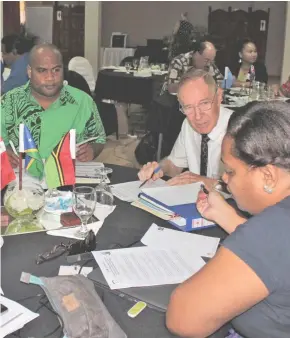  ??  ?? From left: Paula Taumoepeau (Tonga Chamber of Commerce), Tony Kabasi (Counsellor, Solomon Islands High Commission), Thomas Bayer (Vanuatu Chamber of Commerce) and Katalaini Ziru (Solomon Islands Chamber of Commerce) review the Code of Conduct presented...