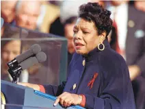  ??  ?? Maya Angelou became the second poet (after Robert Frost in 1961), and the first African American poet, to read at a presidenti­al inaugurati­on. On Jan. 20, 1993, she delivered“On the Pulse of Morning,”a poem that spanned the entire history of America and ended with a hopeful“Good morning.”For her performanc­e she won the Best Spoken Word Grammy and a new audience.