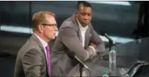  ?? TIJANA MARTIN — THE CANADIAN PRESS VIA AP ?? Nick Nurse, the new head coach of the Toronto Raptors, left, speaks as Raptors president Masai Ujiri listens during NBA basketball press conference at the Air Canada Centre in Toronto on Thursday.