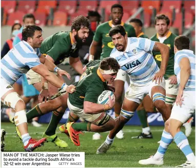  ?? GETTY IMAGES ?? MAN OF THE MATCH: Jasper Wiese tries to avoid a tackle during South Africa’s 32-12 win over Argentina