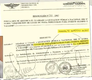  ??  ?? Luis Manuel Aguirre, director de la Dinac. Pagó 2.390 millones por luces inexistent­es. Facsímil de la adjudicaci­ón de provisión de luces. Data de marzo del 2017.