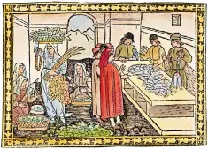  ??  ?? Market shoppers examine the catch of the day in a 15th-century Florentine woodcut