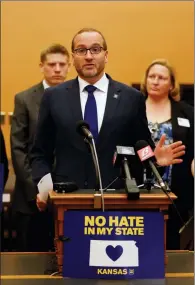  ?? COLIN E. BRALEY/AP IMAGES FOR HUMAN RIGHTS CAMPAIGN ?? Chad Griffin, president of the Human Rights Campaign, speaks at a press conference opposing Kansas license to discrimina­te in child welfare services on Thursday in Topeka, Kan.