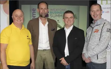  ??  ?? Richard Hobson (Herdsy), Niall McManus (Newslist), Tony Redmond (RSense Bed Sensors), and Ruaira Gough (Paytient Payments), all of whom took part in the Bussiness Pitching Competitio­n.