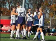  ?? BILL RUDICK — DIGITAL FIRST MEDIA ?? Villa Maria players celebrate a first-half goal during Saturday’s PIAA Class AA field hockey quarterfin­al against Sellinsgro­ve at Twin Valley High School.