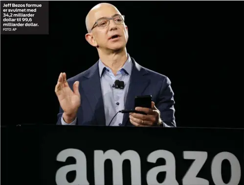  ?? FOTO: AP ?? Jeff Bezos formue er svulmet med 34,2 milliarder dollar til 99,6 milliarder dollar.