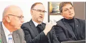  ?? FOTO:
ANKE GELLERT-HELPENSTEI­N ?? Ulrich Hörsting, Weihbischo­f Rolf Lohmann und Michael van Meerbeck (v.l.) sprachen über die Finanzlage im Bistum.