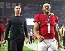  ?? CHRISTIAN PETERSEN – GETTY IMAGES ?? Cardinals coach Kliff Kingsbury and rookie quarterbac­k Kyler Murray, had a three-game winning streak snapped by the Saints on Sunday.