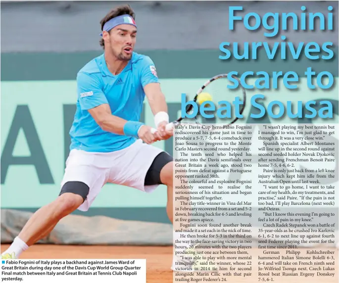  ??  ?? Fabio Fognini of Italy plays a backhand against James Ward of Great Britain during day one of the Davis Cup World Group Quarter Final match between Italy and Great Britain at Tennis Club Napoli yesterday.