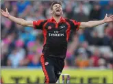  ??  ?? AWESOME FOURSOME: Mark Wood celebrates taking Tim Bresnan’s wicket on way to 4-25 haul