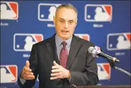  ?? Mark J. Terrill / Associated Press ?? MLB Commission­er Rob Manfred speaks during a news conference in Los Angeles on Feb. 1, 2018.