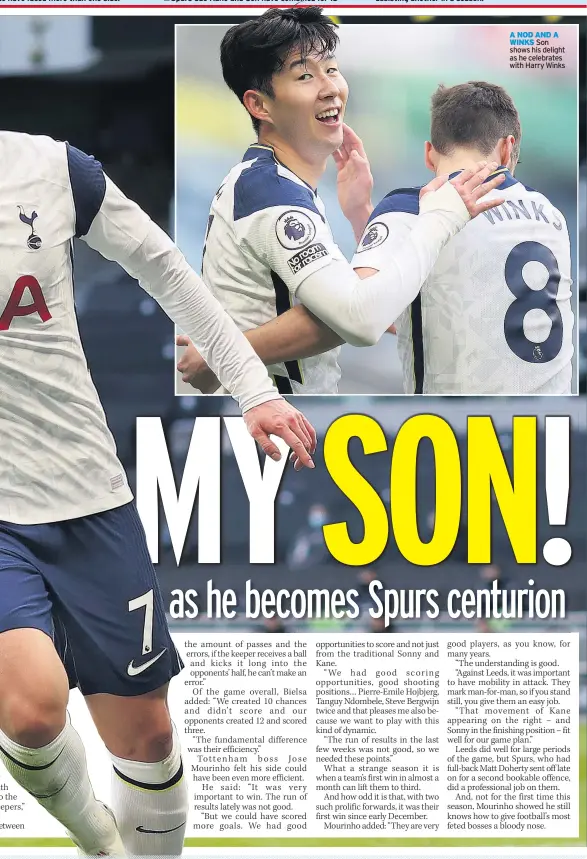  ??  ?? A NOD AND A WINKS Son shows his delight as he celebrates with Harry Winks