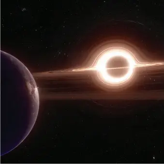  ??  ?? Sur cette simulation, le trou noir est entouré d’un disque d’accrétion. La gravité agit comme une lentille, en incurvant les rayons lumineux émis à l’arrière-plan.