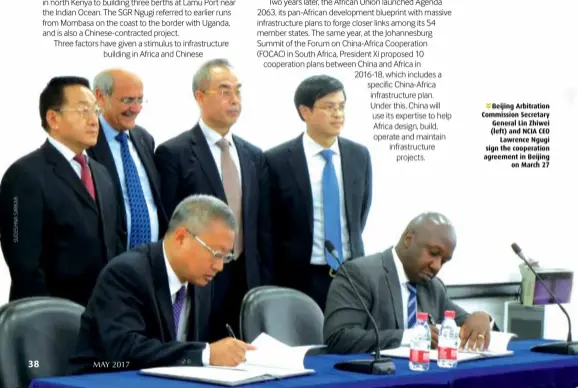  ??  ?? Beijing Arbitratio­n Commission Secretary General Lin Zhiwei (left) and NCIA CEO Lawrence Ngugi sign the cooperatio­n agreement in Beijing on March 27